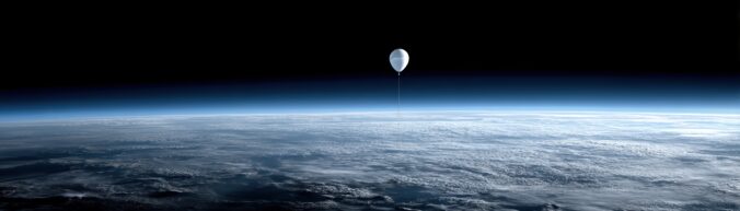 A high altitude balloon hovers above the earth, showcasing a breathtaking view of the planet's curvature and atmosphere on a black sky, edge ai, satellite internet in local ai and global connectivity